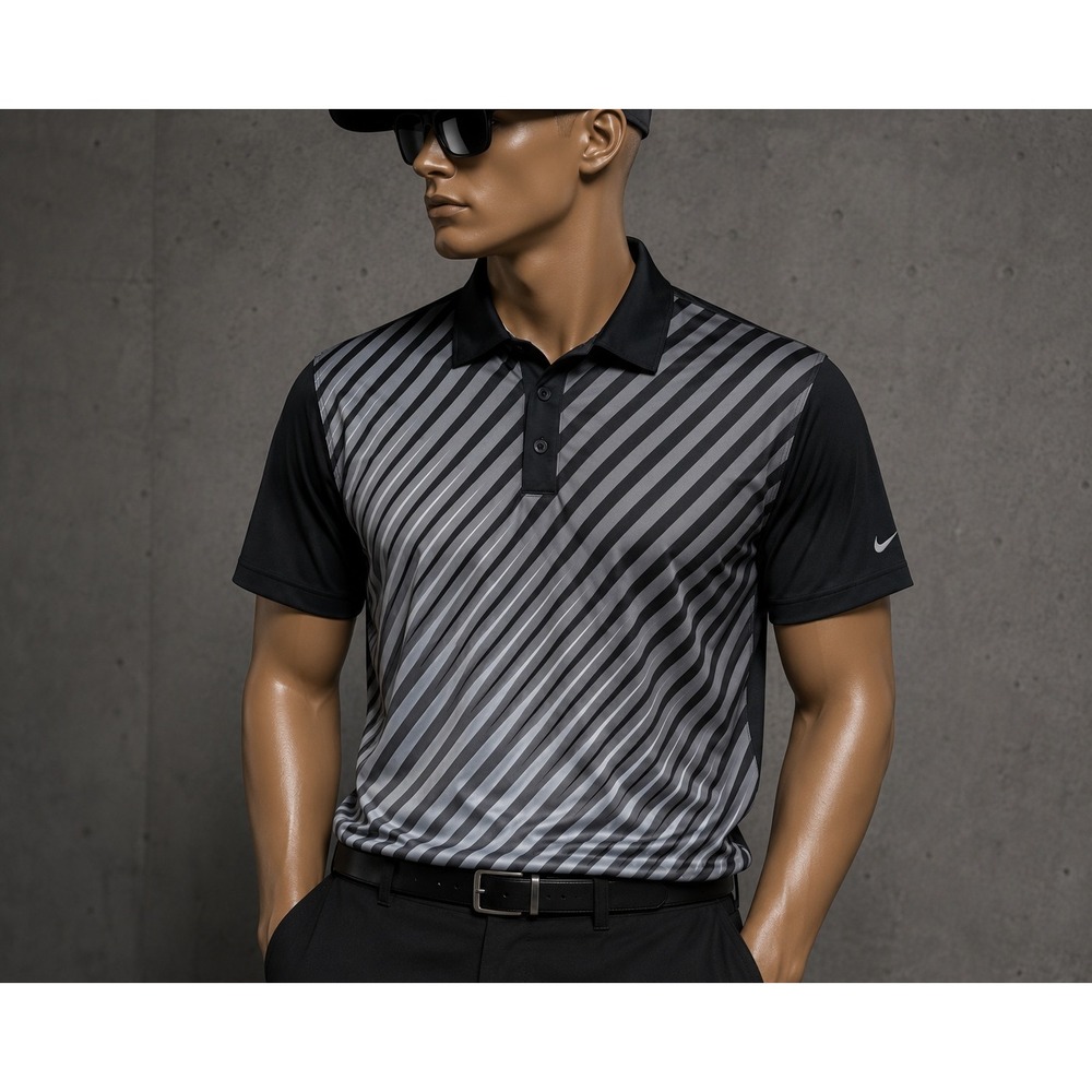 Nike Golf Tour Performance Dri-FIT‎ Polo Shirt Mens Small Black Grey Striped
